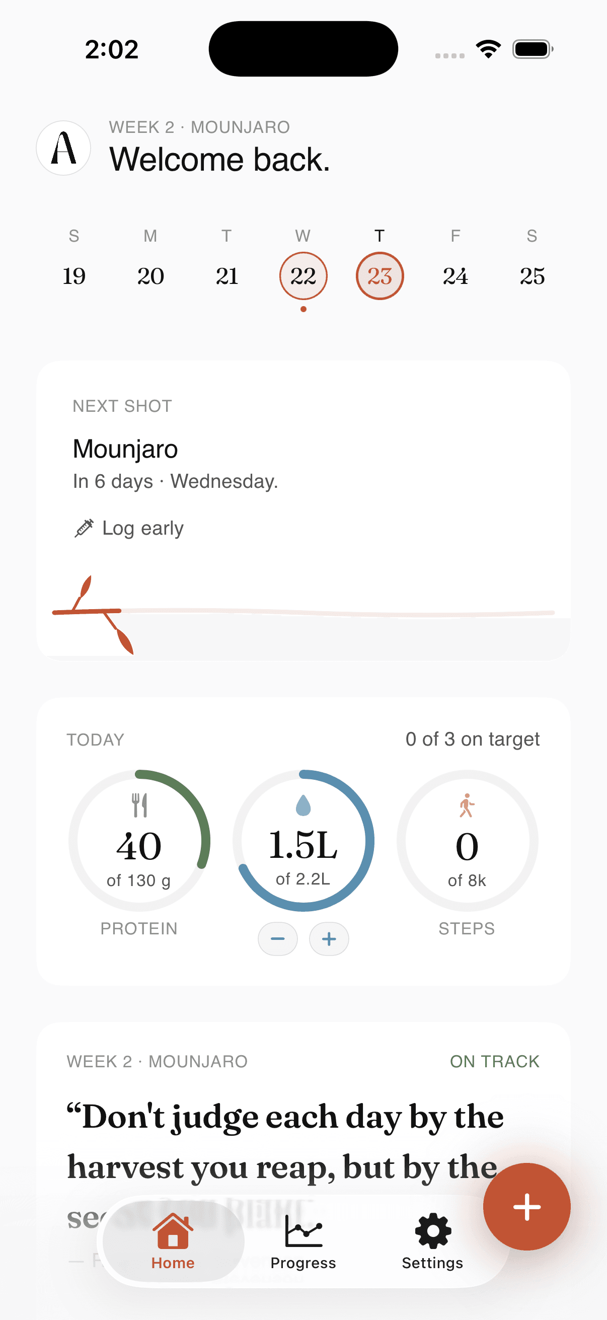 Akoma GLP-1 tracker home screen — next Mounjaro shot reminder and daily protein, water and step rings